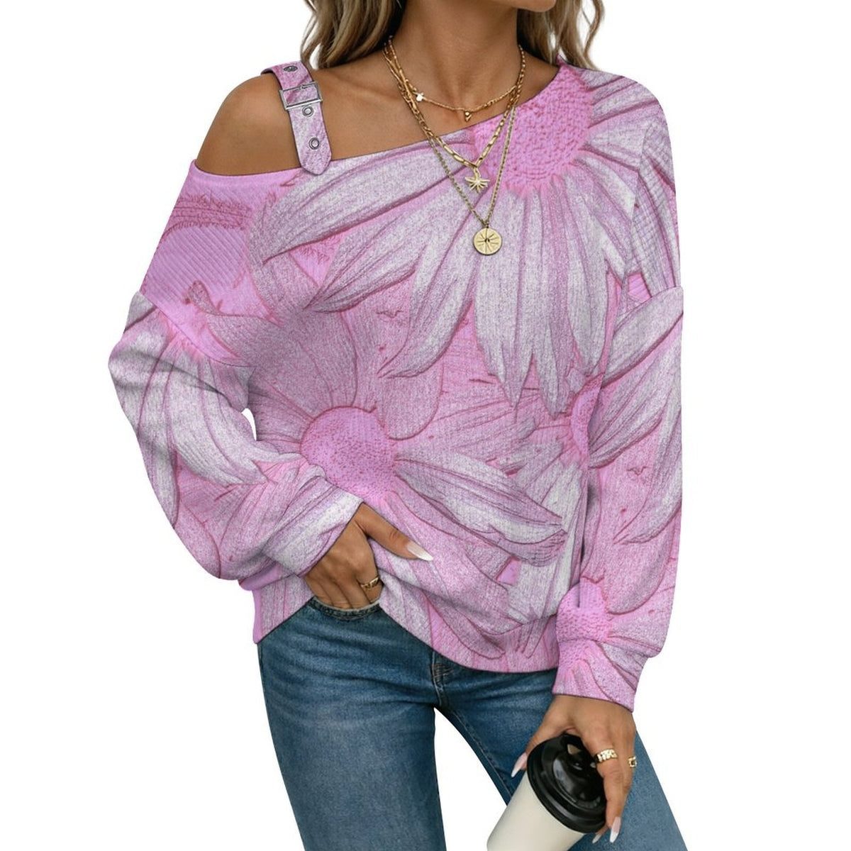 Pink Flowers Buckle Strap Asymmetrical Off Shoulder Knit Sweater
