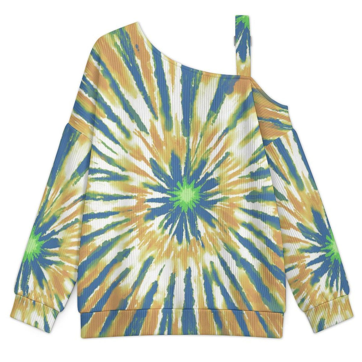 Fall Casual Asymmetric Shoulder Knit Top with Buckle Detail Tie-dye Radiation  Blue Yellow