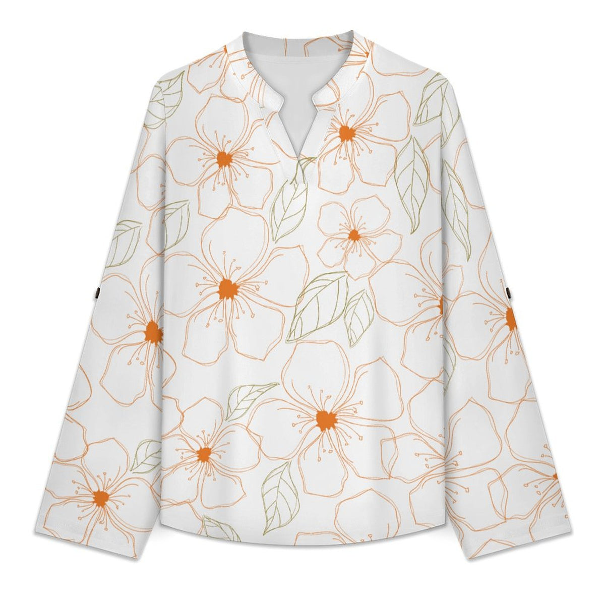 Black Repeat Pattern Flower  Versatile Notched V-Neck Tunic | Roll Tab 3/4 Sleeve Office Casual Top