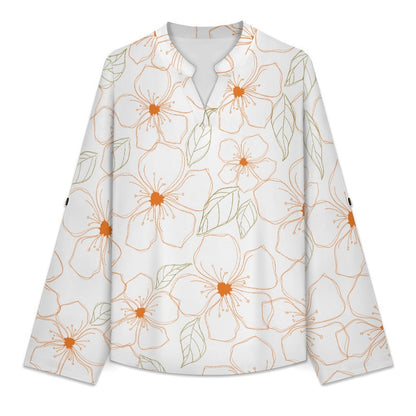 Black Repeat Pattern Flower  Versatile Notched V-Neck Tunic | Roll Tab 3/4 Sleeve Office Casual Top