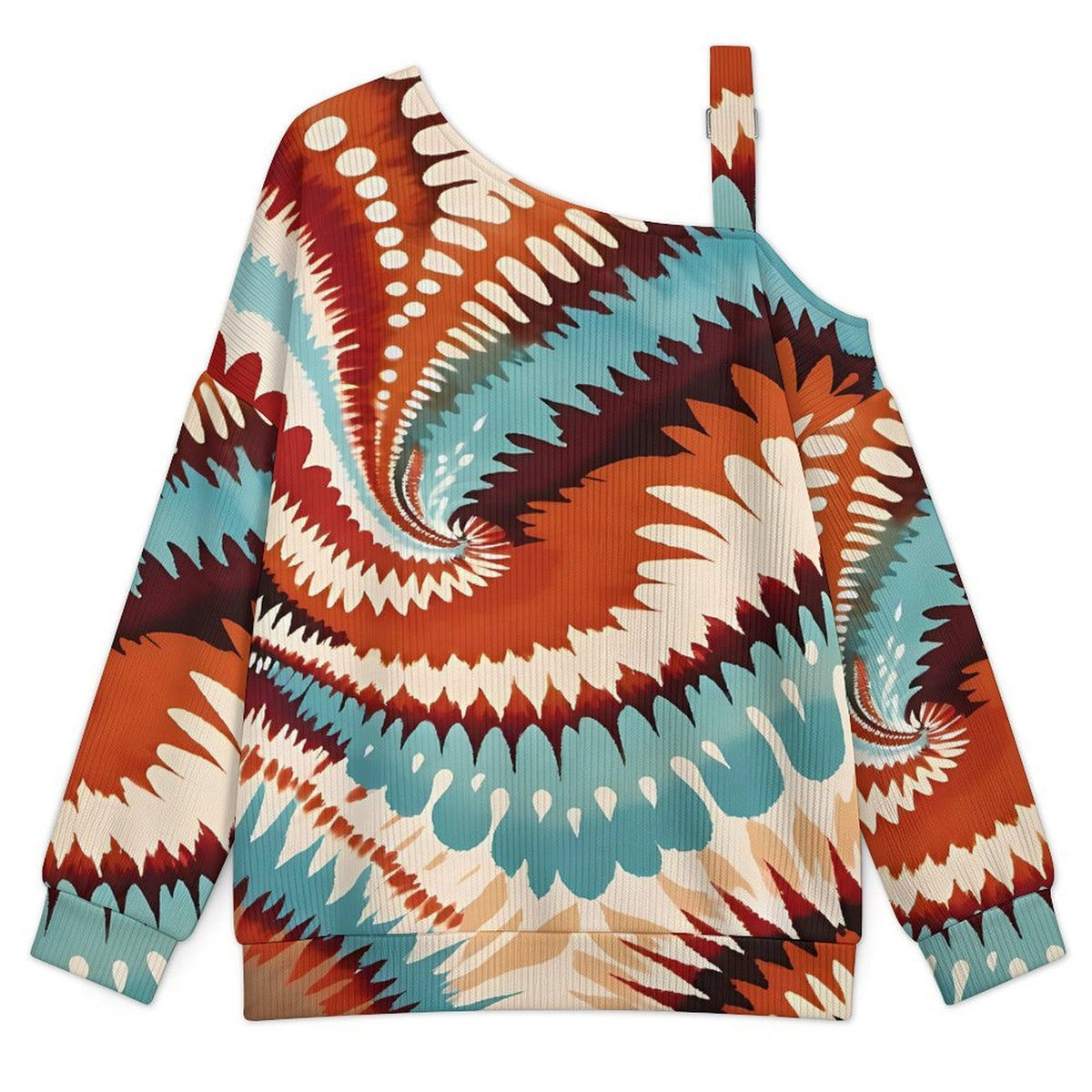 Fall Casual Asymmetric Shoulder Knit Top with Buckle Detail Tie Dye Stripes