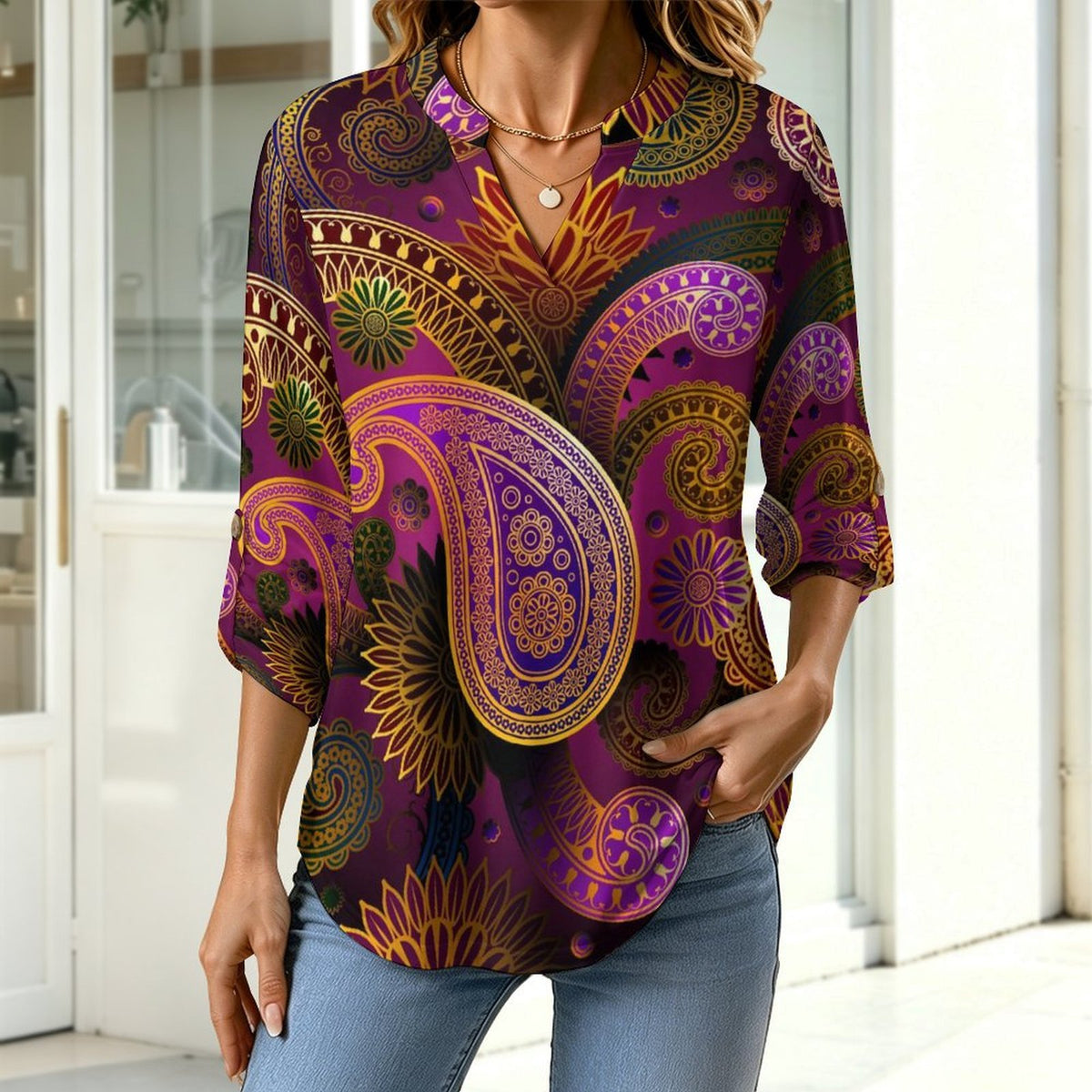 Paisley  Versatile Notched V-Neck Tunic | Roll Tab 3/4 Sleeve Office Casual Top