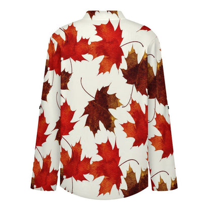 Stand-up Collar Long-sleeved Shirt Leaf Plant Pattern white SWomen’s V-Neck Blouses