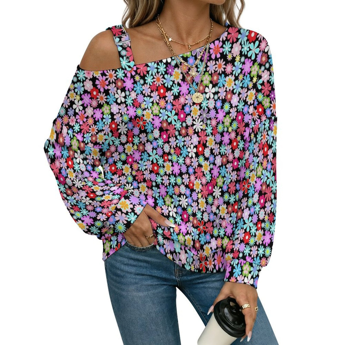 Floral Pattern Women’s Off-Shoulder Knit Sweater