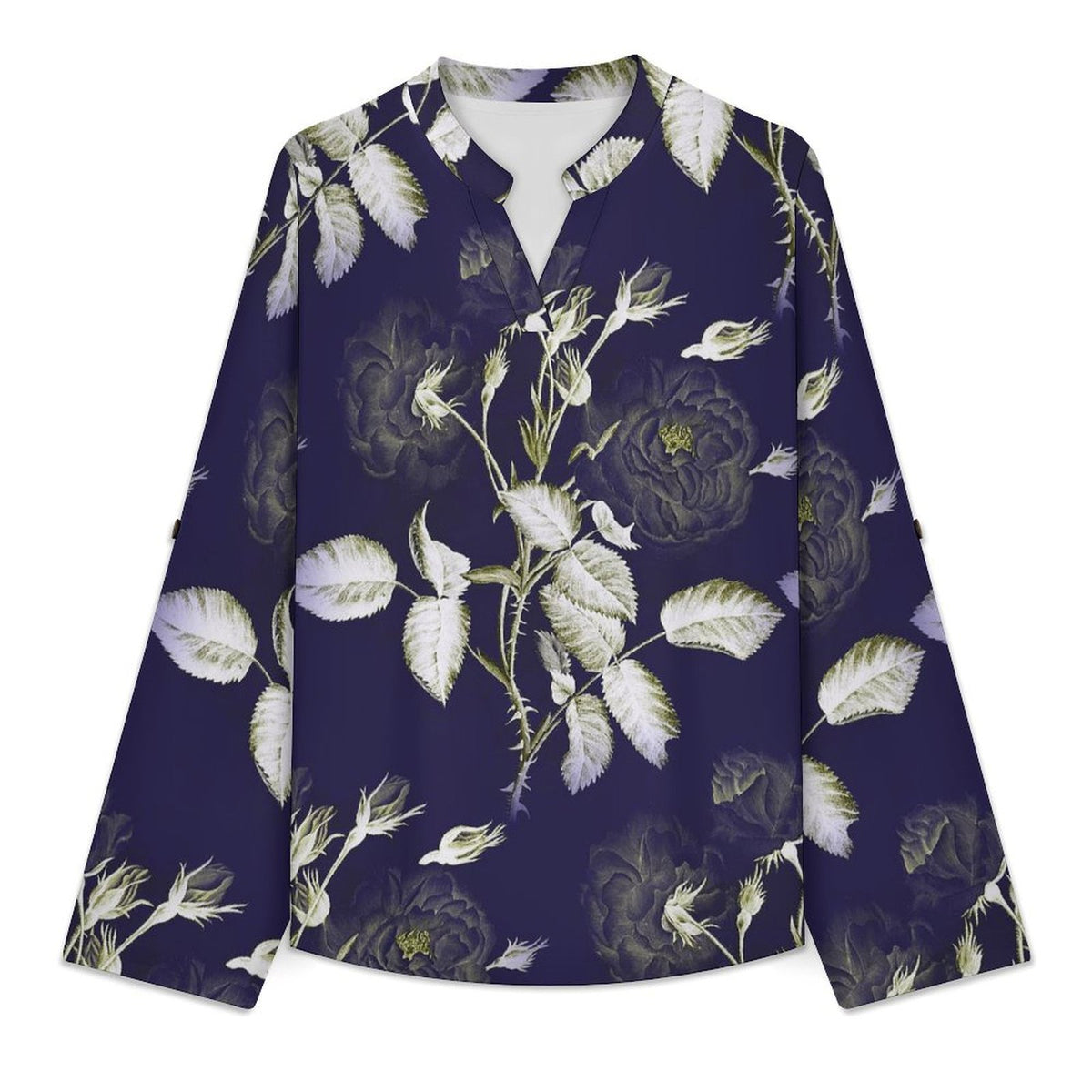 Purple, Flowers, Patterns Roll Tab 3/4 Sleeve Notched V Neck Tunic Blouse