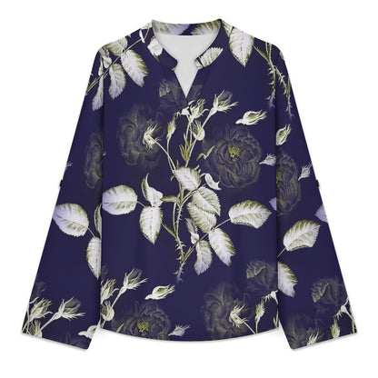 Purple, Flowers, Patterns Roll Tab 3/4 Sleeve Notched V Neck Tunic Blouse