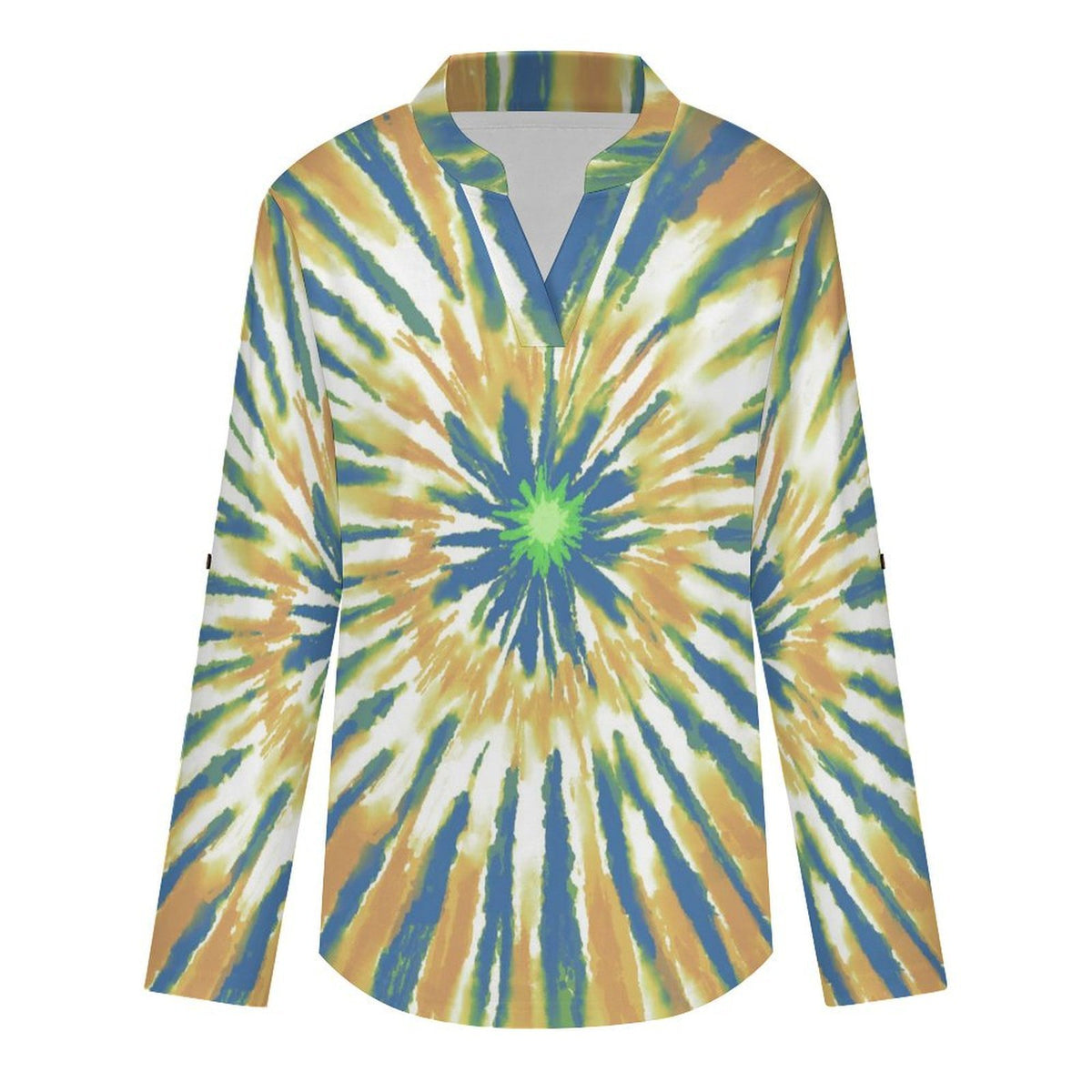 Women's Notched V Neck Tunic Tops, Roll Up 3/4 Sleeve Button Cuff Casual Blouse, Hem Loose Work Shirts  Tie-dye Radiation  Blue Yellow