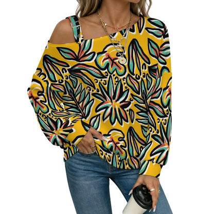 Floral, Repeating Pattern Fall Casual Asymmetric Shoulder Knit Top with Buckle Detail