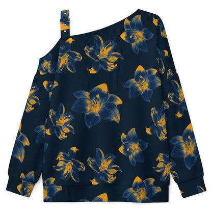 Buckle Strap Asymmetrical Off Shoulder Knit Sweater Flower Pattern