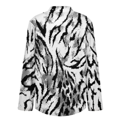 Black And White Zebra Print Roll Tab 3/4 Sleeve Notched V Neck Tunic Blouse