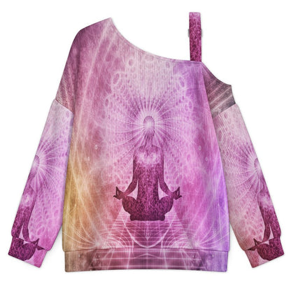 Pink Patterns, Religion, Faith Buckle Strap Asymmetrical Off Shoulder Knit Sweater