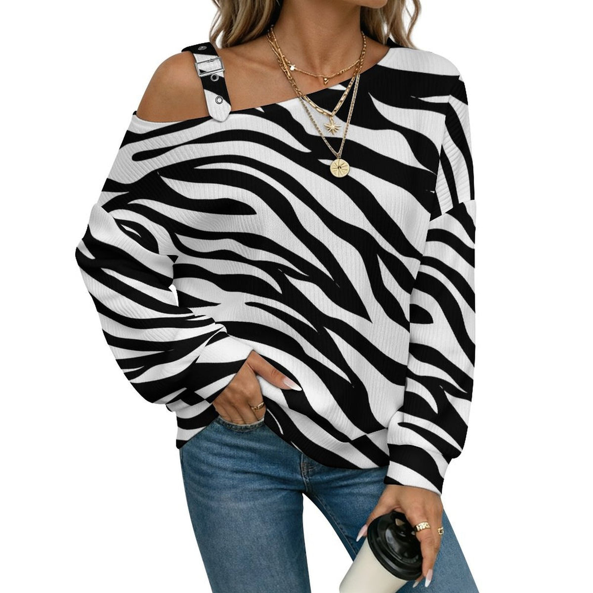 Long Sleeve Relaxed-Fit Solid Pullover Zebar Pattern