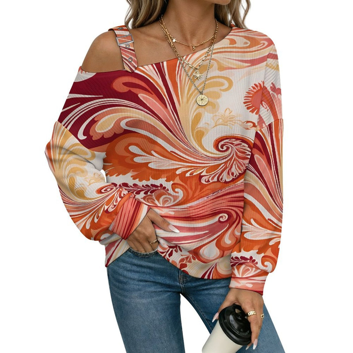 Fall Casual Asymmetric Shoulder Knit Top with Buckle Detail Tie Dye Stripes