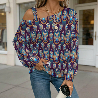 Fall Casual Asymmetric Shoulder Knit Top with Buckle Detail Retro Water Drop Pattern