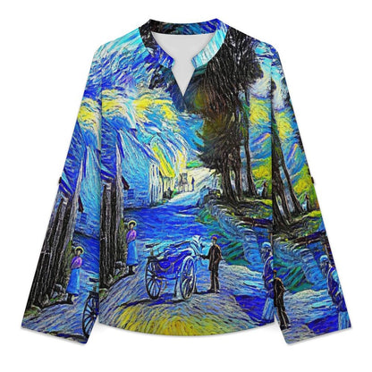 Blue Ink Painting, Town  Versatile Notched V-Neck Tunic | Roll Tab 3/4 Sleeve Office Casual Top