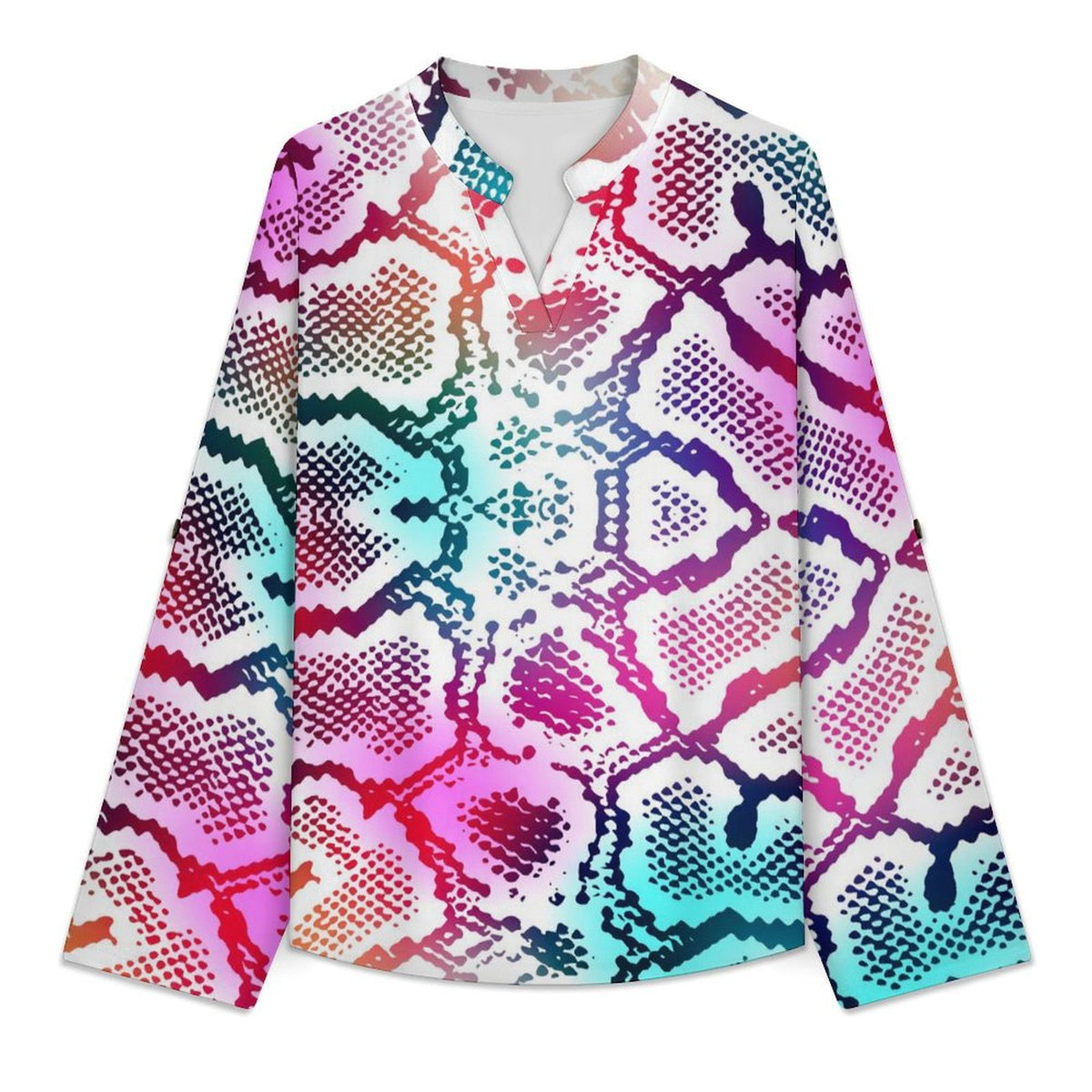 Fluorescent Snake Skin Pattern Roll Tab 3/4 Sleeve Notched V Neck Tunic Blouse