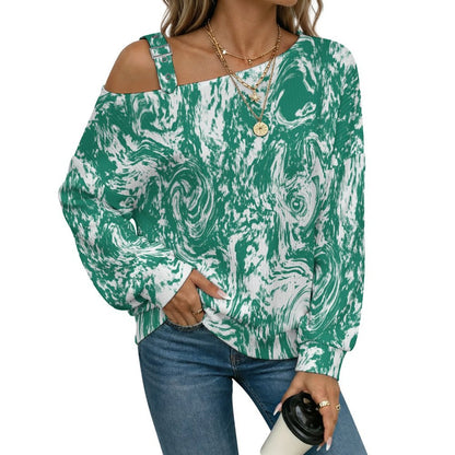 Off-the-shoulder SweaterGreen Tie Dye Pattern Women’s Off-Shoulder Knit Sweater
