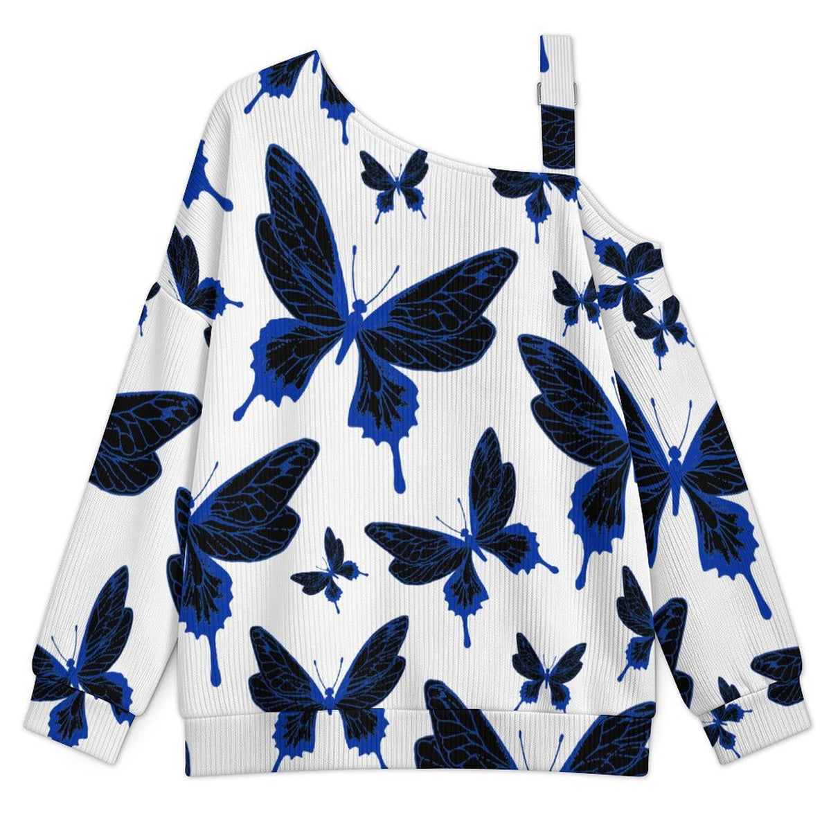 Women’s Off-Shoulder Knit Sweater Butterfly Good Luck Repeat Pattern