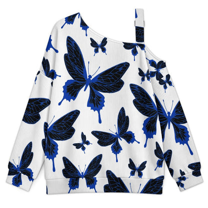 Women’s Off-Shoulder Knit Sweater Butterfly Good Luck Repeat Pattern