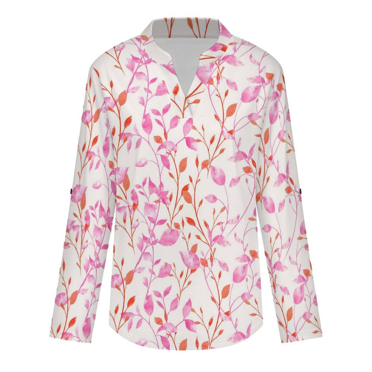 Flower  Versatile Notched V-Neck Tunic | Roll Tab 3/4 Sleeve Office Casual Top