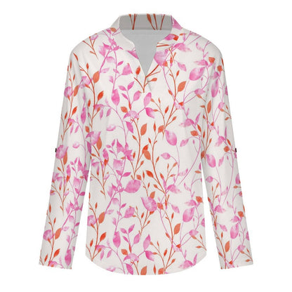 Flower  Versatile Notched V-Neck Tunic | Roll Tab 3/4 Sleeve Office Casual Top