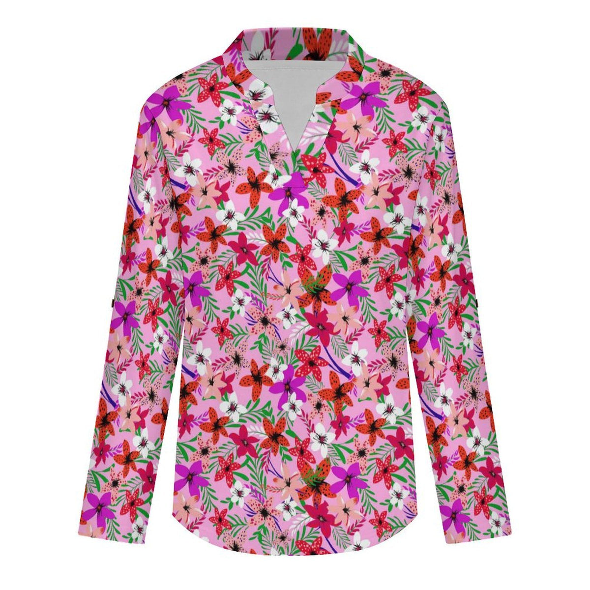 Flower Pattern  Versatile Notched V-Neck Tunic | Roll Tab 3/4 Sleeve Office Casual Top