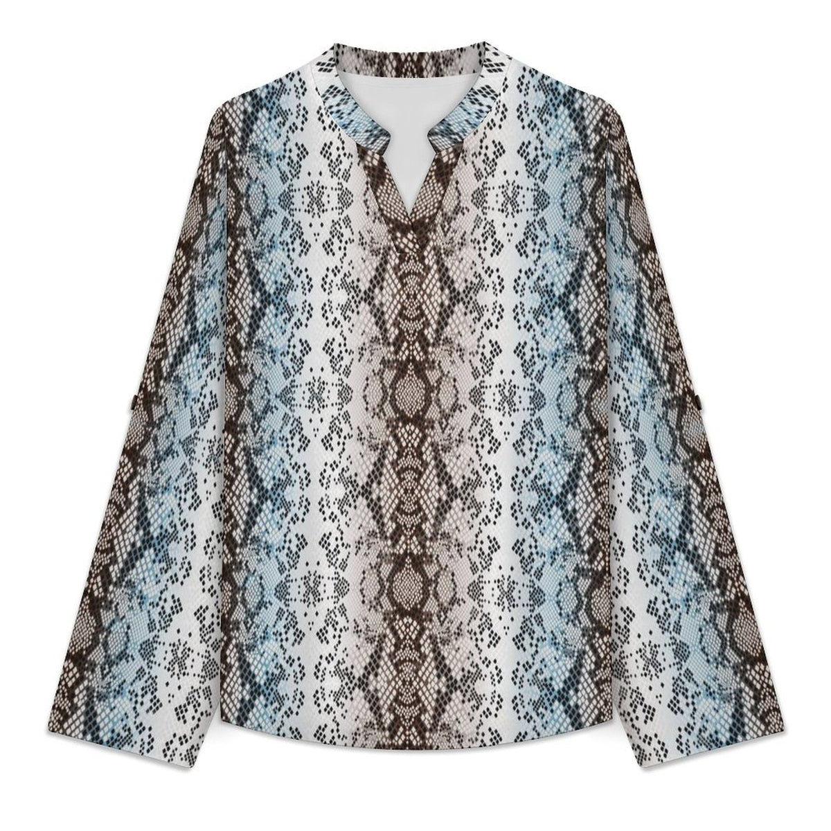 Snakeskin Pattern, Repeating Pattern Roll Tab 3/4 Sleeve Notched V Neck Tunic Blouse