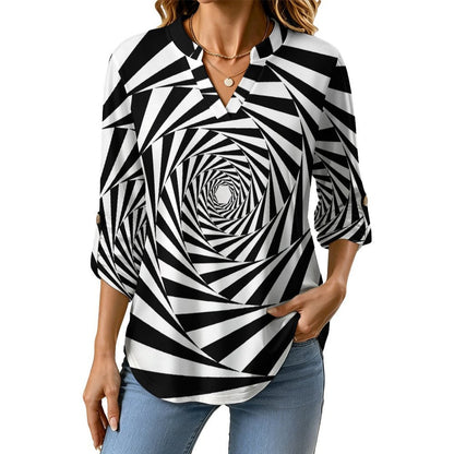 Black And White Interleaving Pattern Roll Tab 3/4 Sleeve Notched V Neck Tunic Blouse