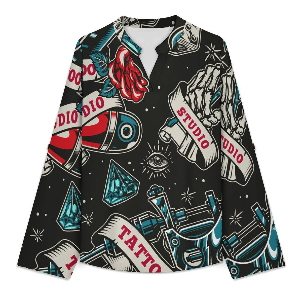 Retro Pattern, Skeleton, Rose  Women Curved Hem V Neck Roll Sleeve Casual Work Top