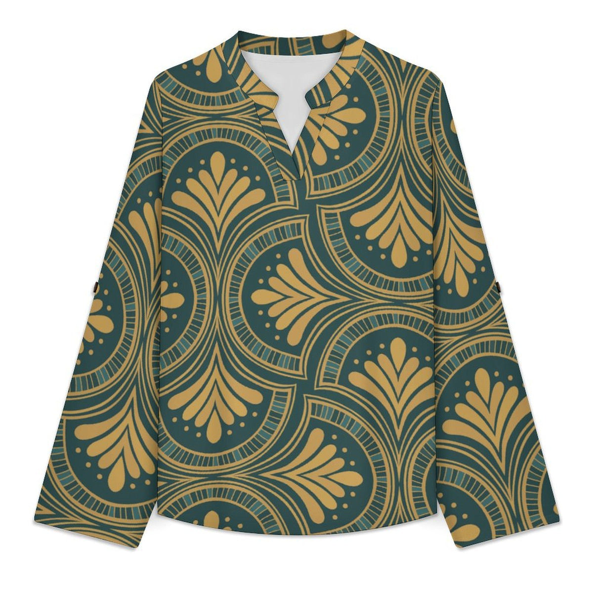 Retro Pattern Roll Tab 3/4 Sleeve Notched V Neck Tunic Blouse