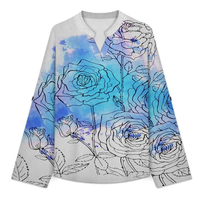Versatile Notched V-Neck Tunic  Roll Tab 3/4 Sleeve Office Casual Top  Ink Painting, Flowers