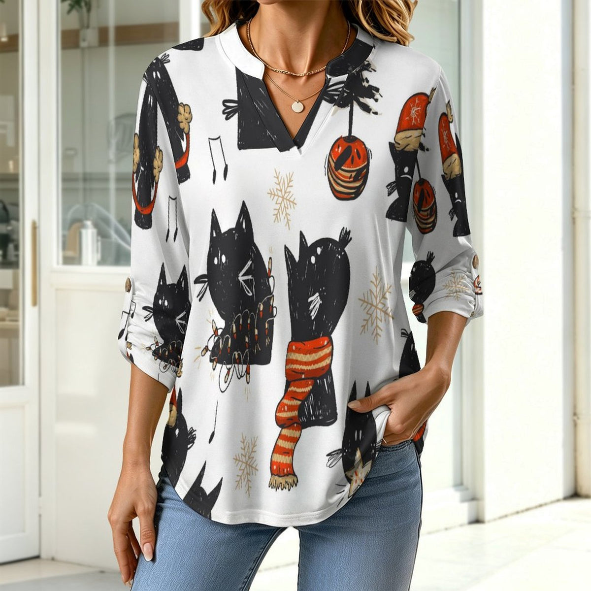 Christmas, Black Cat  Versatile Notched V-Neck Tunic | Roll Tab 3/4 Sleeve Office Casual Top