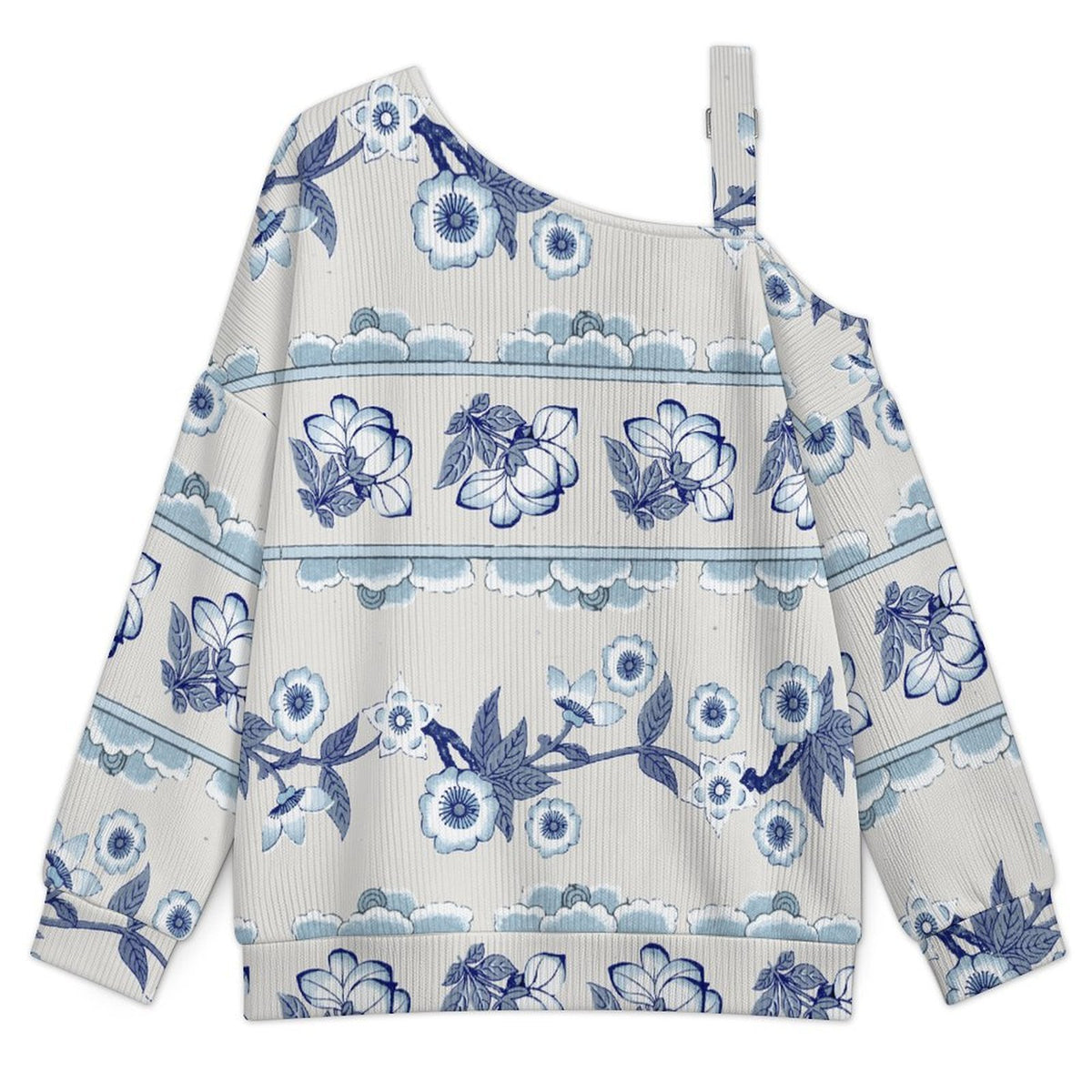 Off-the-shoulder SweaterChinese Style, Blue And White Porcelain Women’s Off-Shoulder Knit Sweater