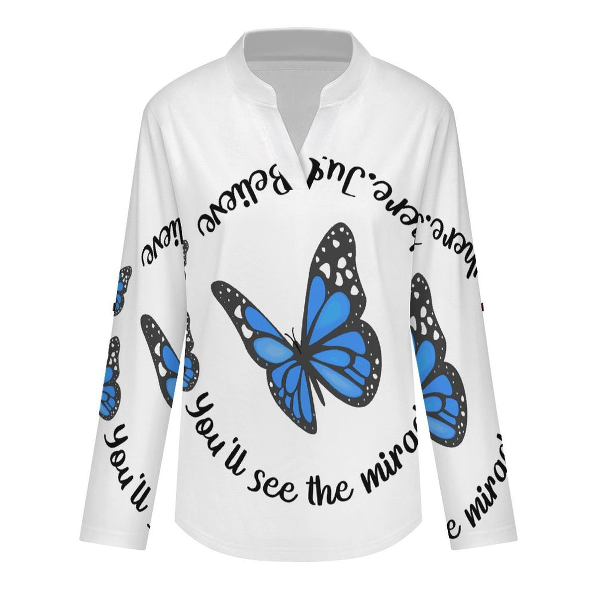 Women's Notched V Neck Tunic Tops, Roll Up 3/4 Sleeve Button Cuff Casual Blouse, Hem Loose Work Shirts  Blue Butterfly
