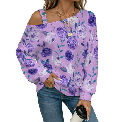 Women’s Off-Shoulder Knit Sweater Purple Flowers
