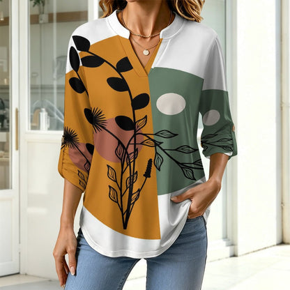 Chinese Wind Scenery  Versatile Notched V-Neck Tunic | Roll Tab 3/4 Sleeve Office Casual Top