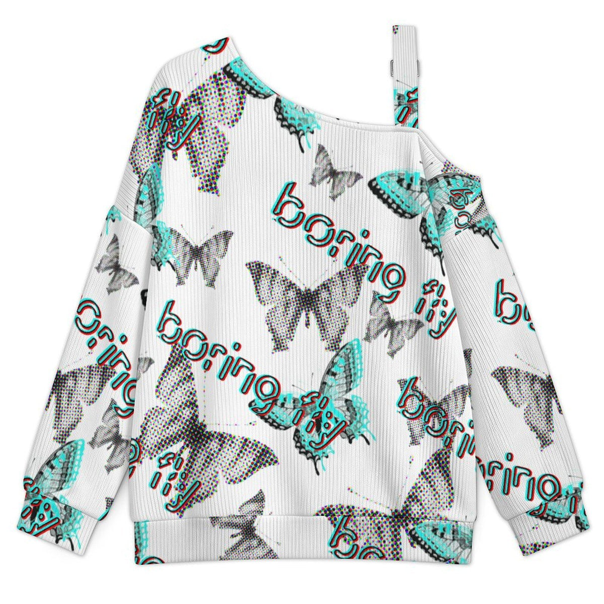 Buckle Strap Asymmetrical Off Shoulder Knit Sweater Fantasy World of Butterflies