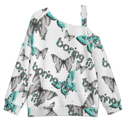 Buckle Strap Asymmetrical Off Shoulder Knit Sweater Fantasy World of Butterflies