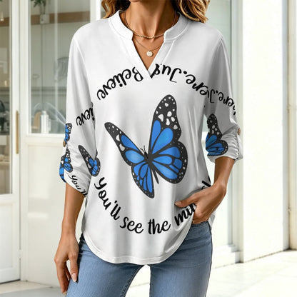 Women's Notched V Neck Tunic Tops, Roll Up 3/4 Sleeve Button Cuff Casual Blouse, Hem Loose Work Shirts  Blue Butterfly