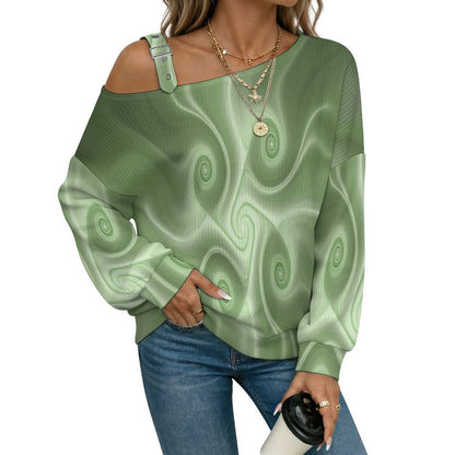 Fall Casual Asymmetric Shoulder Knit Top with Buckle Detail Green, Background, Abstract