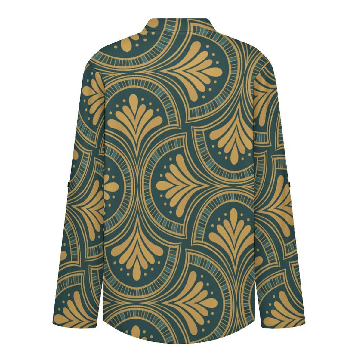Retro Pattern Roll Tab 3/4 Sleeve Notched V Neck Tunic Blouse