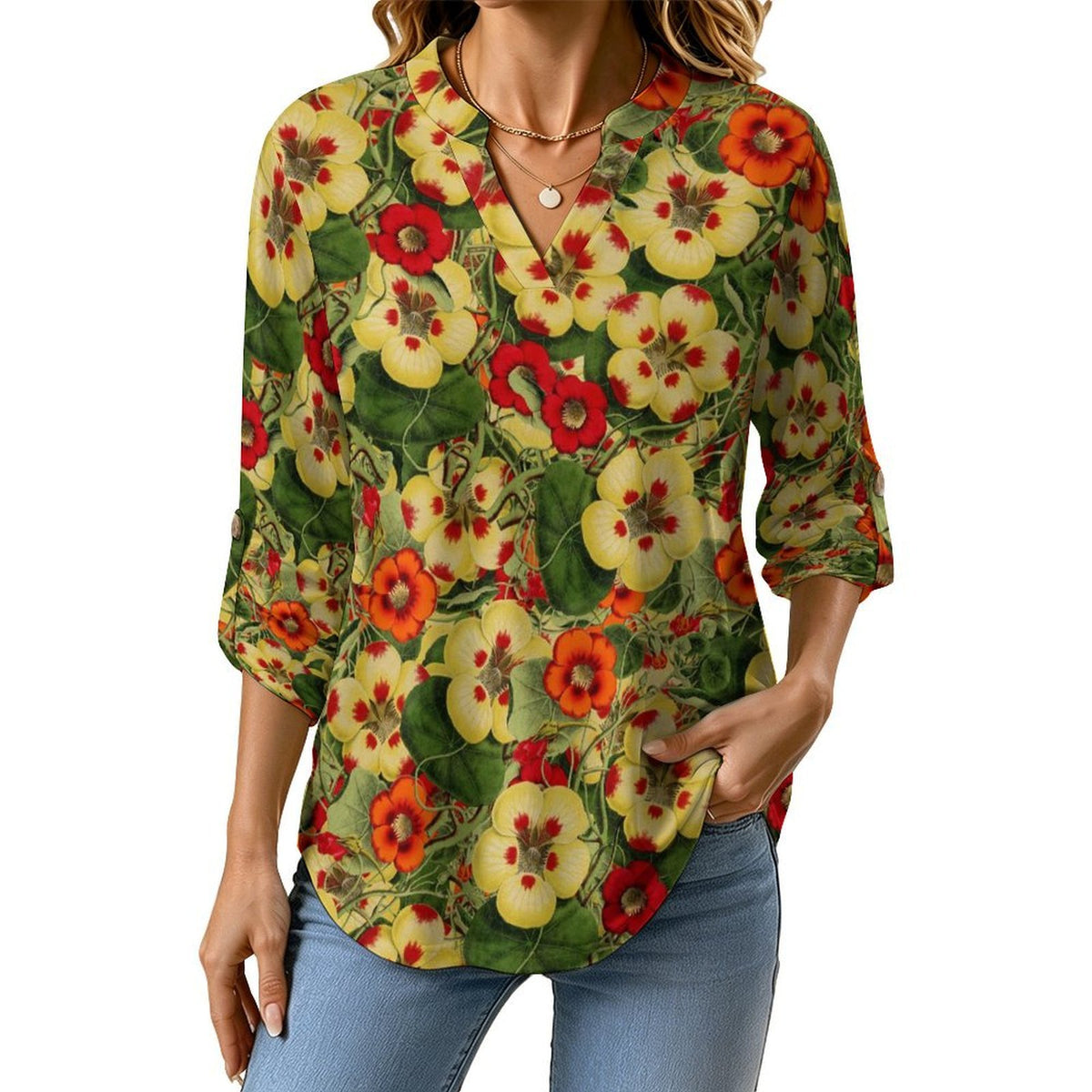 Vintage Flower Pattern  Versatile Notched V-Neck Tunic | Roll Tab 3/4 Sleeve Office Casual Top