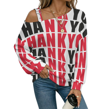 Buckle Strap Asymmetrical Off Shoulder Knit Sweater Font Thank You