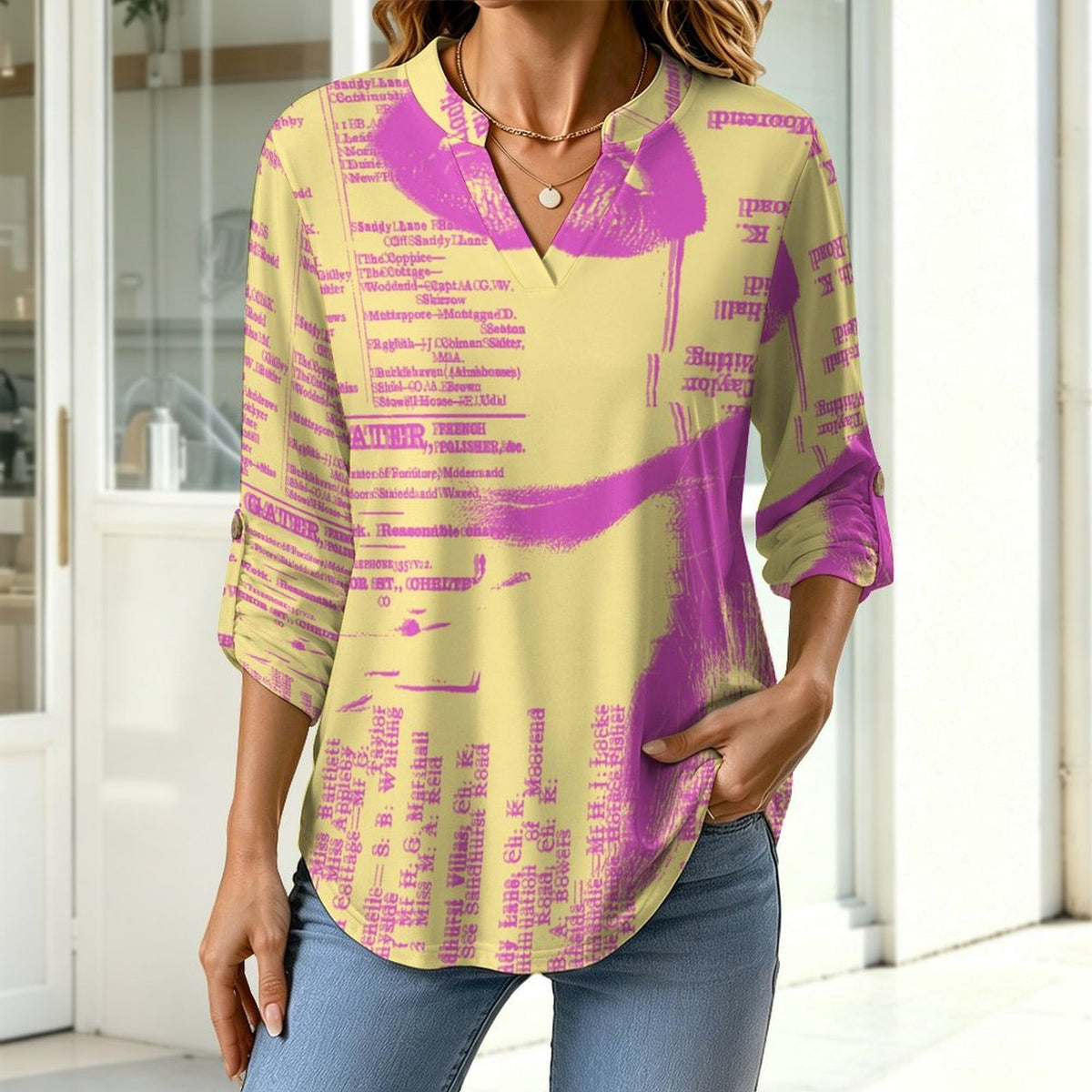 Stand-up Collar Long-sleeved Shirt Newspaper Girl Vintage white S Women’s V-Neck Blouses