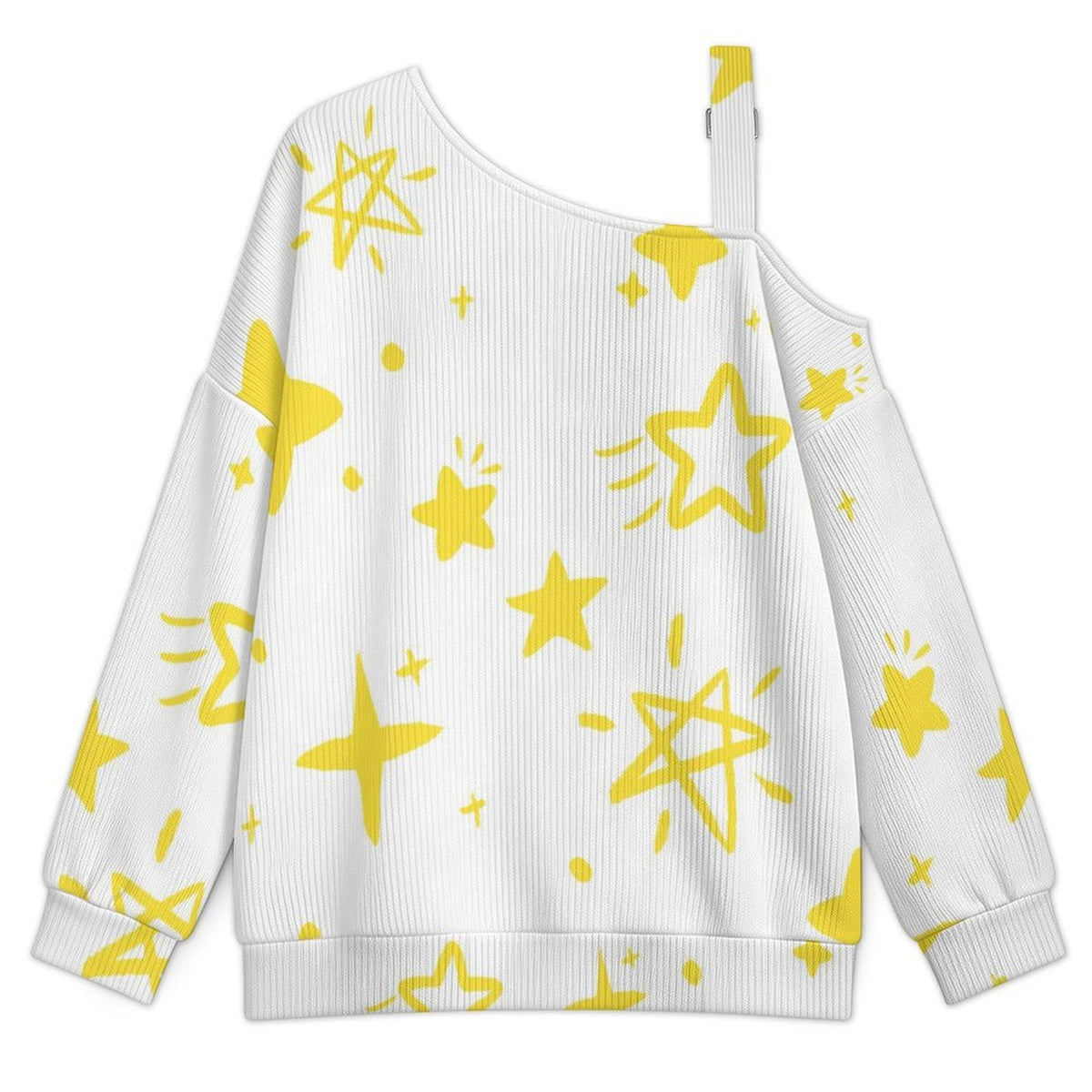 Fall Casual Asymmetric Shoulder Knit Top with Buckle Detail Pattern-star-cute-tile Pattern