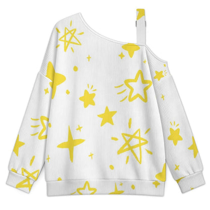 Fall Casual Asymmetric Shoulder Knit Top with Buckle Detail Pattern-star-cute-tile Pattern