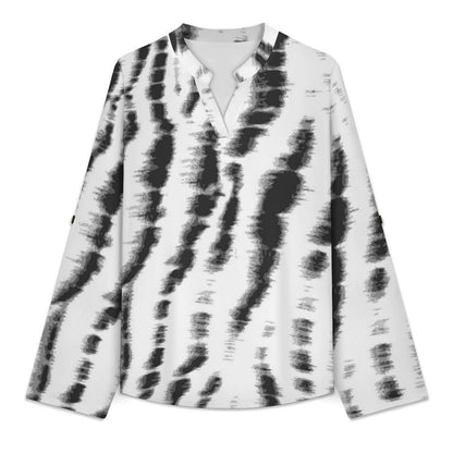 Versatile Notched V-Neck Tunic  Roll Tab 3/4 Sleeve Office Casual Top  Tie-dyed Fabric3