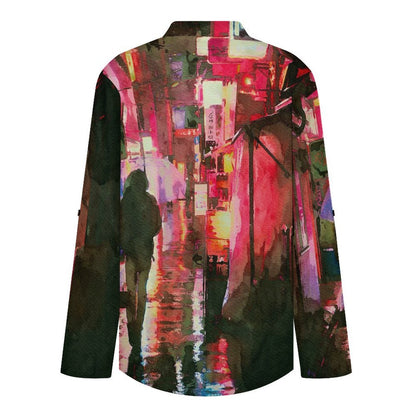 Watercolor Painting, Late at Night, Lonely Roll Tab 3/4 Sleeve Notched V Neck Tunic Blouse