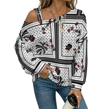 Fall Casual Asymmetric Shoulder Knit Top with Buckle Detail European Retro Pattern