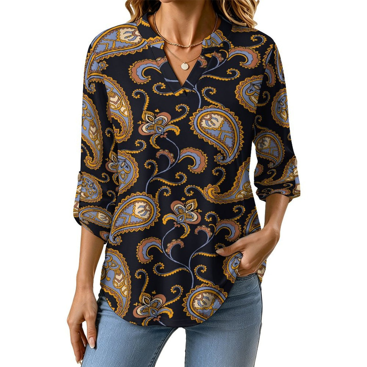 Women Curved Hem V Neck Roll Sleeve Casual Work Top  Paisley
